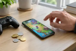 Smartphone displaying a colorful mobile game beside coins and a game controller, with a hand hesitating before making a purchase.