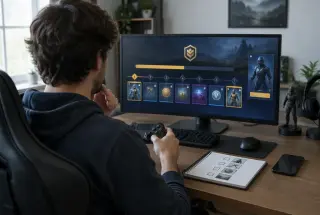 Joueur vérifiant attentivement un battle pass affiché sur un écran avant d’effectuer un achat.